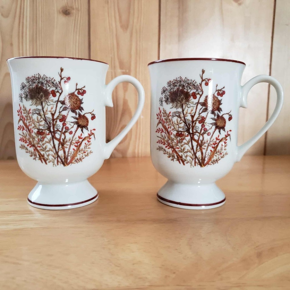 Bramble Fanci Florals Footed Porcelain Mugs Japan 4.5" - Set of 2 Vintage - Picture 1 of 7
